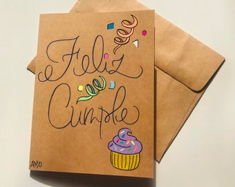 Feliz Cumpleaños Card, Feliz Cumple, Tarjeta Cumpleaños, Español Card, Happy Birthday, Spanish Cards, Lettering Spanish Note, Español Gift