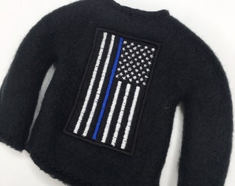 Thin Blue Line Police Embroidered Christmas Elf Sweater Clothing Prop, Ornament, 12" Doll Clothes, Police Support, American Flag
