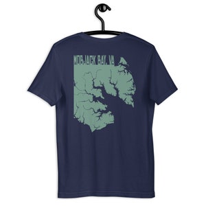 CAMISETA DE MOBJACK BAY, diseño de espalda, diseños de marea floja, Mathews, Virginia, Gwynn's Island, Mobjack Rowing Association, camisa de mapa