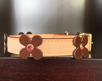 Leather Dog Collar With Flowers Leather Dog Collar With Flowers Dog Collar With Crystals Dog Collar Pink Gems Cute Dog Collar Classy Dog