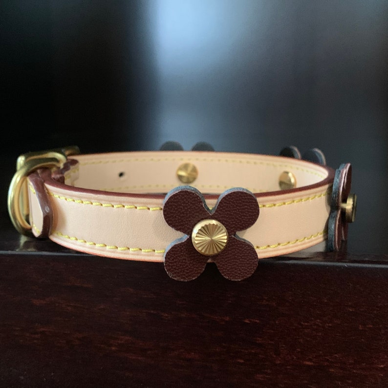 Luxury Dog Collar Leather Dog Collar With Flowers Handmade Dog Collar Italian leather Dog Collar image 4