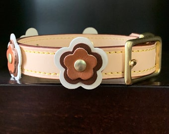 Authentic Italian Leather Dog Collar With Flowers Boutique Style Leather Dog Collar Shabby Chic Dog Luxury Dog Collar Boutique Dog Collar