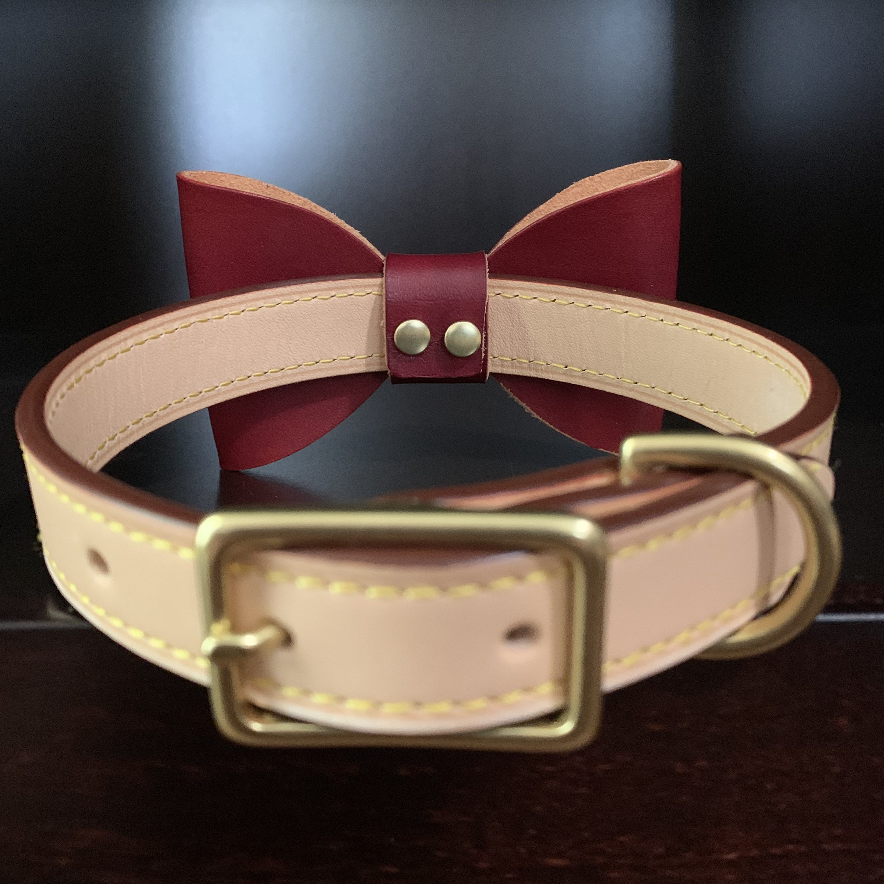 Leather Dog Collar With Hand Dyed Burgundy Bow Tie Handsome Etsy
