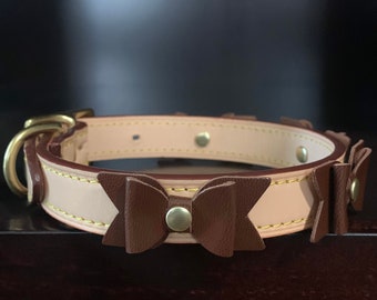 Natural Leather Dog Collar With Brown Leather Bows Italian Leather Dog Collar Shabby Chic Dog Leather Dog Bows Boutique Dog Collar