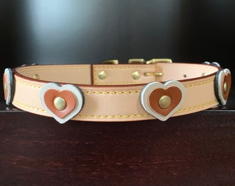 Italian Leather Dog Collar With Hearts Shabby Chic Dog Collar Boutique Dog Collar Dog Collar With Hearts