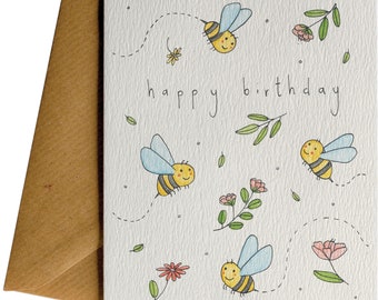 Happy Birthday Card Bees A6 | Designed in NZ 100% Recycled Paper Card Kids Gift Cute Birthday Cards Bees Birthday Presents