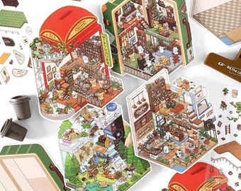DIY 3D ミニチュアシーンステッカー 4枚パックとピンセット1本、アーバンハイドアウト、プレカット、かわいいステッカーDIYプロジェクト、ミニチュアステッカー、ミニショップ
