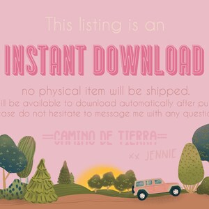 May include: Pink digital download graphic with the text "INSTANT DOWNLOAD" in bold pink letters. The graphic also includes a cartoon illustration of a pink jeep driving through a forest with a sunset in the background. The text "=CAMINO DE TIERRA= XX JENNIE" is at the bottom of the graphic.