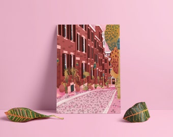 Acorn Street Boston Illustration – Pink Toned Print (Digital Download)