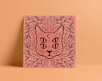 Four Eyed Moon Cat- Unframed Print - Spiritual Print - Halloween Print - Halloween Decor - Cat Print - Symbolism Print- Lineart