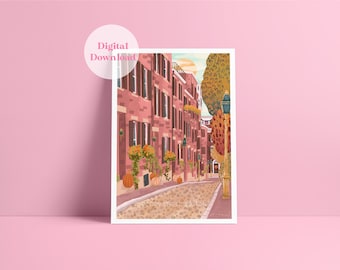 Acorn Street, Boston - Peach - DIGITAL DOWNLOAD - Travel Print - Travel Illustration - Boston PrintPoster, Illustration