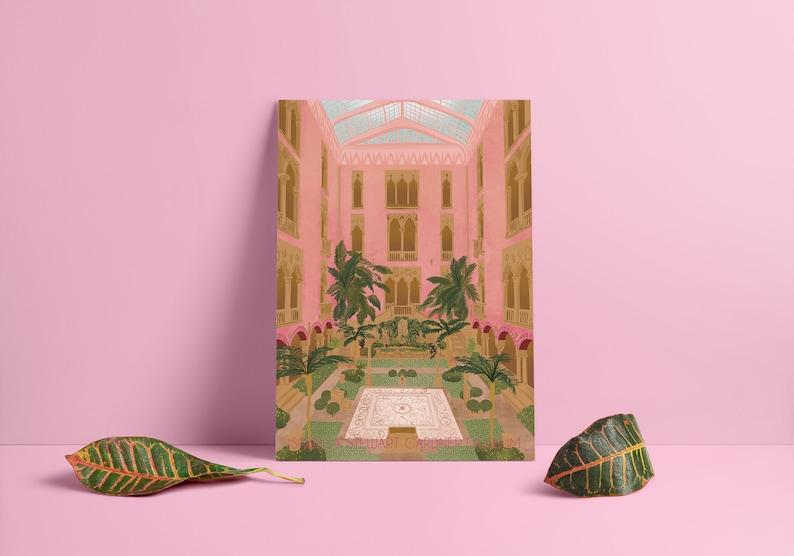 May include: A pink building with a glass roof and a courtyard with palm trees and a tiled floor. The text "Isabella Stewart Gardner Museum" is at the bottom of the image.