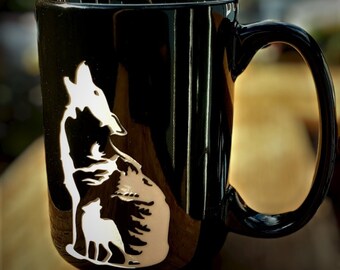 Wolf Coffee Mug, Wolf Tea Mug, Handmade Wolf Engraving, Nature Wildlife Scene, Cocoa, Tea Cup, Gloss Black El Grande 15oz Mug!