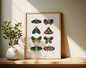 Vintage Moth Collage Art Print | Colorful Moth Wall Decor (Digital Download)