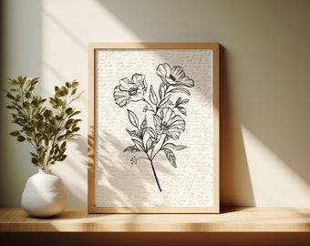 May include: A black and white line drawing of a floral bouquet with three flowers, printed on a white background with a vintage script pattern. The print is framed in a light wood frame.