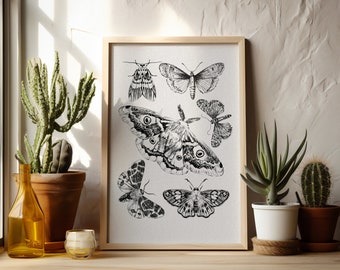 Vintage Moth Print | Digital Download | Moth Collage Print | Moth Print | Moth Design | Wall Decor | Moth Wall Art | Luna Moth