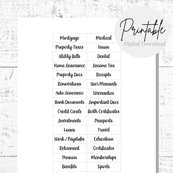 Printable Family Documents File Labels, Digital Download Household File Folder Labels, PDF File Pre-made Labels, DIY Family File Box