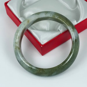 55.4mm Hand Carved Olive Green with Milky White Authentic Burmese Grade A Jadeite Jade Bangle/Jade Bracelet/ J764