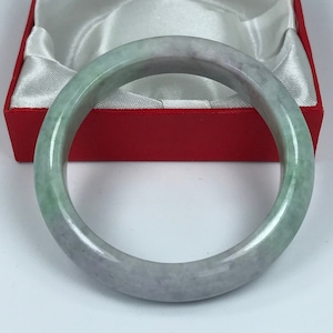 54.9mm Hand Carved Apple Green and Gray with Milky White Authentic Burmese Grade A Jadeite Jade Bangle/Jade Bracelet/ J671