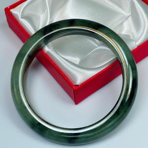 58.3mm Hand Carved Icy Emerald and Apple Green w/Milky White Authentic Burmese Grade A Jadeite Jade Bangle/Jade Bracelet/Genuine Jade/J869