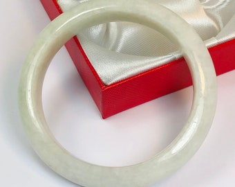 55.3mm Hand Carved Light Apple Green with Milky White Authentic Burmese Grade A Jadeite Jade Bangle/ J1035