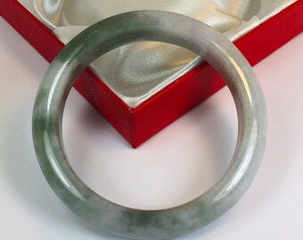 55.1mm Hand Carved Icy Apple and Forest Green with Milky White Authentic Burmese Grade A Jadeite Jade Bangle/ J992