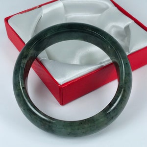 59mm Hand Carved Emerald and Spinach Green with Milky White Authentic Burmese Grade A Jadeite Jade Bangle/Jade Bracelet/ J750