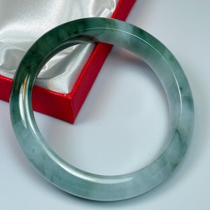 58.4mm Hand Carved Icy Apple and Imperial Green w/Milky White Authentic Burmese Grade A Jadeite Jade Bangle/Jade Bracelet/Genuine Jade/J877