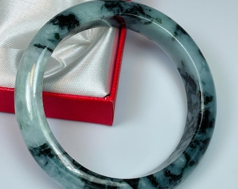 57mm Hand Carved Icy Bluish Apple and Spinach Green w/Milky White Authentic Burmese Grade A Jadeite Jade Bangle/Genuine Jade/J868