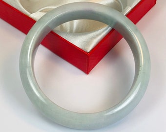 59.2mm Hand Carved Icy Apple Green with Bluish Milky White Authentic Burmese Grade A Jadeite Jade Bangle/ J975