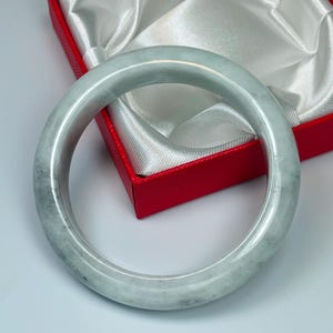 54.8mm Hand Carved Icy Apple Green w/ Grayish Milky White Authentic Burmese Grade A Jadeite Jade Bangle/Jade Bracelet/Genuine Jade/J873