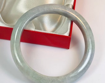 57.3mm Hand Carved Icy Apple Green with Lavender Milky White Authentic Burmese Grade A Jadeite Jade Bangle/ J988
