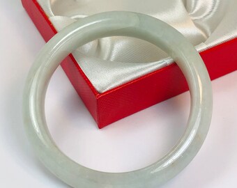 53.4mm Hand Carved Apple Green with Honeycomb Milky White Authentic Burmese Grade A Jadeite Jade Bangle/ J1037
