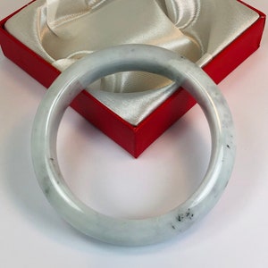 58.2mm Hand Carved Icy Light Apple and Spinach Green with Milky White Authentic Burmese Grade A Jadeite Jade Bangle/ J978