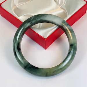 54.5mm Hand Carved Icy Emerald, Apple and Forest Green with Milky White Authentic Burmese Grade A Jadeite Jade Bangle/ J973