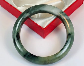 54.5mm Hand Carved Icy Emerald, Apple and Forest Green with Milky White Authentic Burmese Grade A Jadeite Jade Bangle/ J973