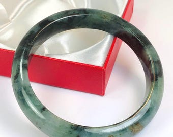 59.5mm Hand Carved Apple and Forest Green with Blackish Milky White Authentic Burmese Grade A Jadeite Jade Bangle/Jade Bracelet/ J1063