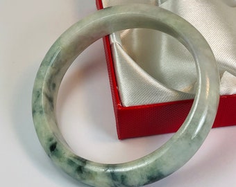 58.5mm Hand Carved Icy Apple and Emerald Green with  Milky White Authentic Burmese Grade A Jadeite Jade Bangle/ J985