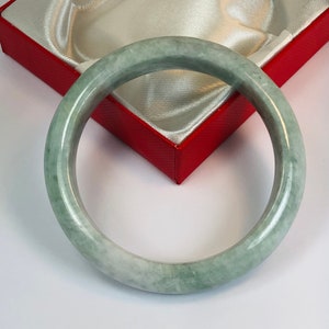 58.5mm Hand Carved Icy Apple Green with Milky White Authentic Burmese Grade A Jadeite Jade Bangle/ J991