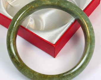 59.5mm Hand Carved Olive and Forest Green with Milky White Authentic Burmese Grade A Jadeite Jade Bangle/Jade Bracelet/ J1058