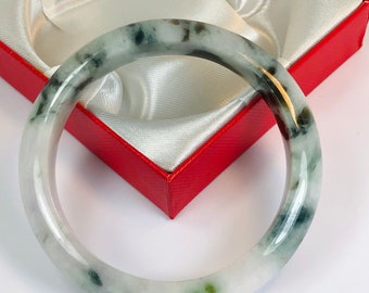 58.8mm Hand Carved Icy Apple, Spinach, and  Imperial Green with Milky White Authentic Burmese Grade A Jadeite Jade Bangle/ J1016