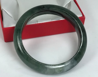 55.4mm Hand Carved Emerald and Forest Green with Milky White Authentic Burmese Grade A Jadeite Jade Bangle/Jade Bracelet/ J814A