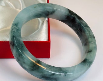 57.1mm Square Edge Hand Carved Icy Spinach Green with Bluish Milky White Authentic Burmese Grade A Jadeite Jade Bangle/ J1025