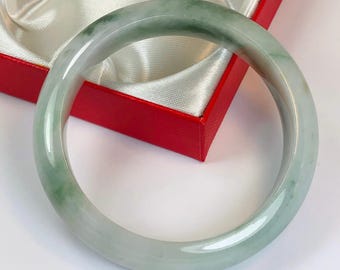 58.5mm Hand Carved Icy Apple and Forest Green with Bluish Milky White Authentic Burmese Grade A Jadeite Jade Bangle/ J1005