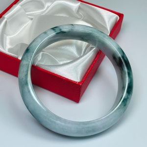 59mm Icy Hand Carved Bluish Apple Green w/ Milky White Authentic Burmese Grade A Jadeite Jade Bangle/Jade Bracelet/Green Jade/J1102