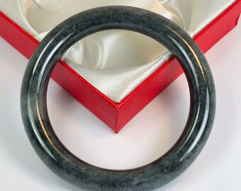 55.8mm Princess Cut Hand Carved Gray and Black with Milky White Authentic Burmese Grade A Jadeite Jade Bangle/ J1013