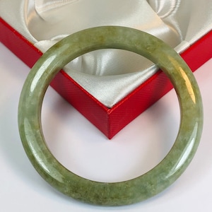 54.7mm Hand Carved Thin Icy Forest Green with Milky White Authentic Burmese Grade A Jadeite Jade Bangle/ J1022