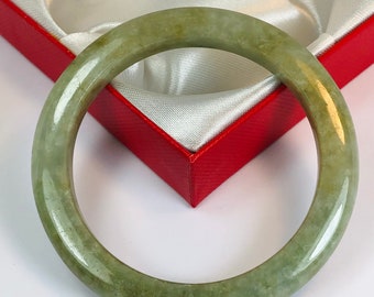 54.7mm Hand Carved Thin Icy Forest Green with Milky White Authentic Burmese Grade A Jadeite Jade Bangle/ J1022