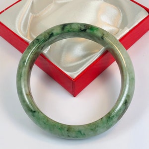58.9mm Hand Carved Icy Apple, Forest and Imperial Green with Milky White Authentic Burmese Grade A Jadeite Jade Bangle/ J1007