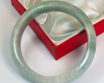 57.3mm Hand Carved Apple Green with Milky White Authentic Burmese Grade A Jadeite Jade Bangle/ J1012
